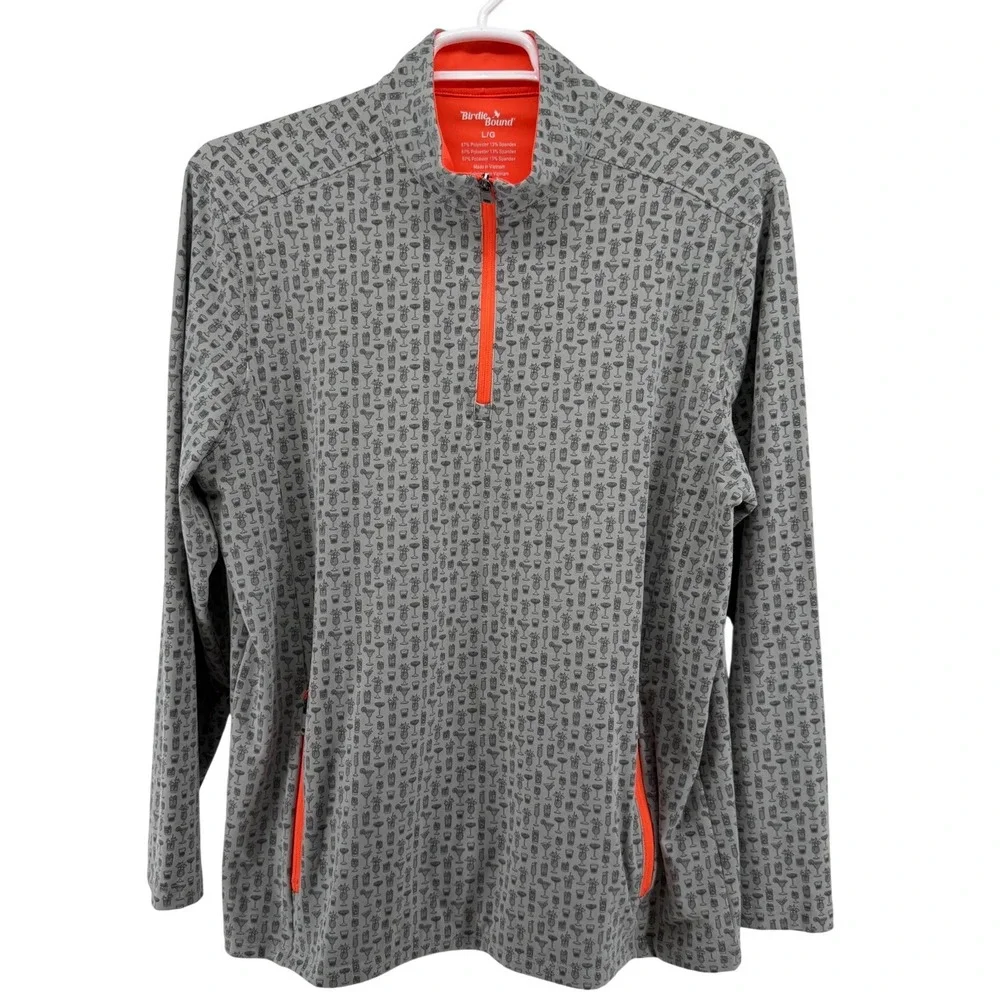 Birdie Bound Mens Large Grey Orange Cocktail Print‎ Quarter Zip Golf Pullover